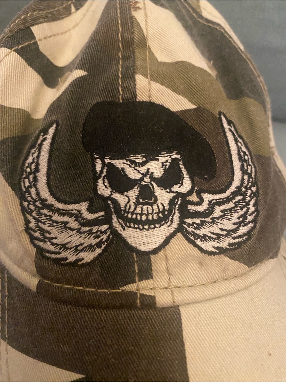 Red 1966 Skull Wings Camouflage Distressed Fitted Cap - Y2K Streetwear